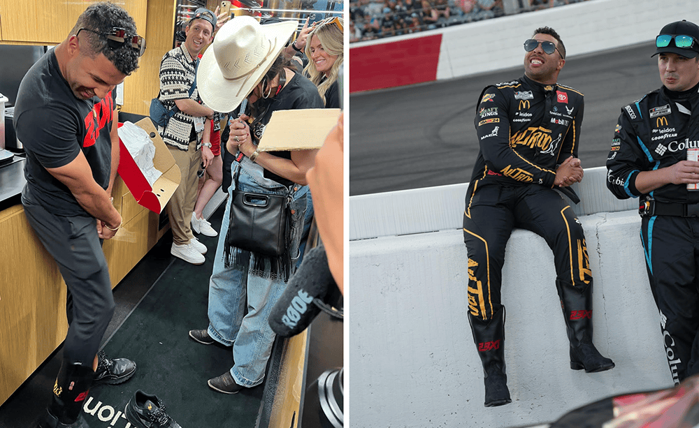 Un collage de tres imágenes que muestran al piloto de 23XI Racing, Bubba Wallace, mostrando y probándose sus nuevas botas Justin personalizadas.